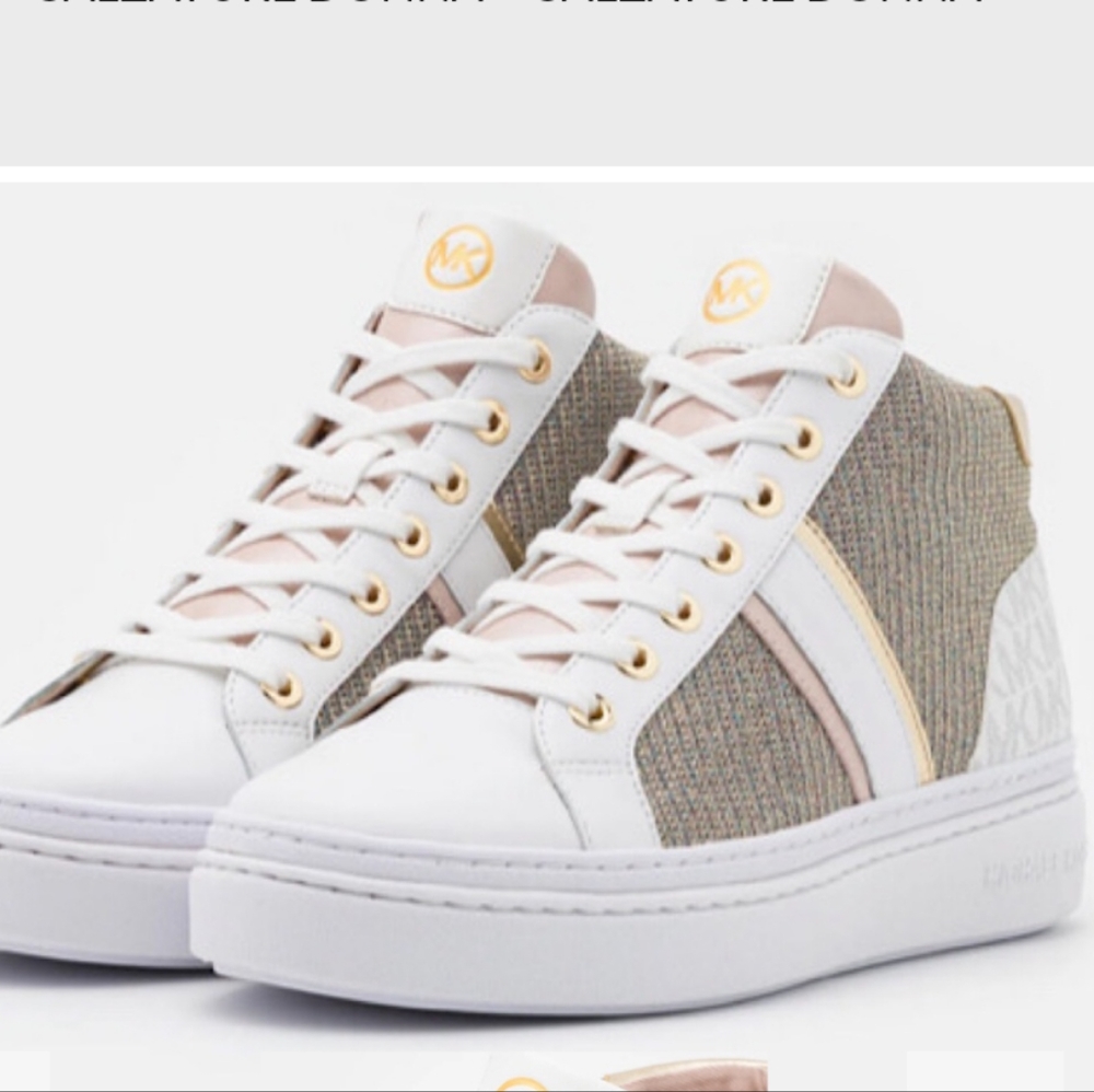 Michael Kors sneakers in white, gold and light pink.